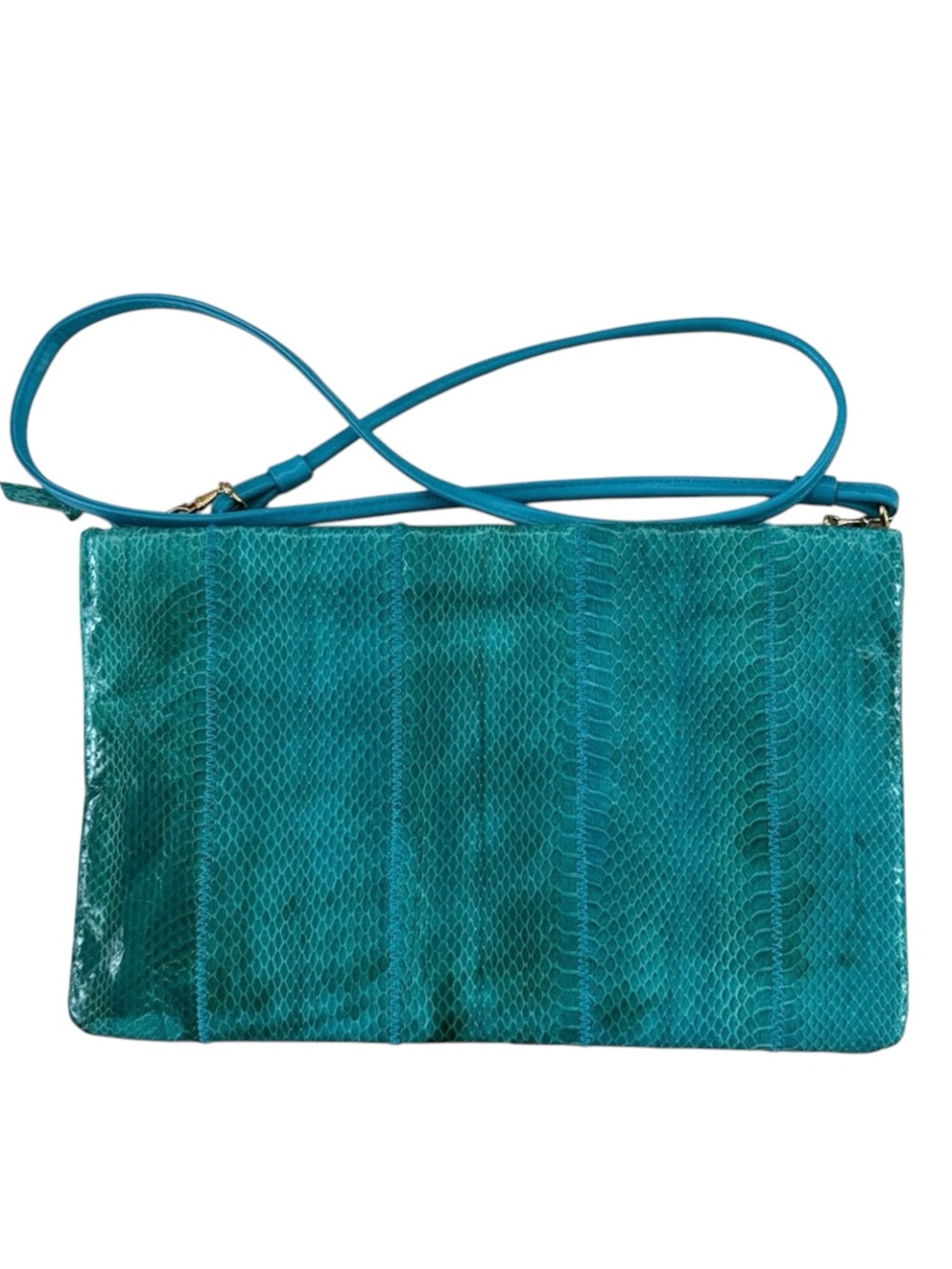 Vintage 80s Teal Snakeskin Panel Crossbody Clutch Bag Removable Strap Excellent